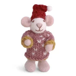 Weiße Gry & Sif Weihnachtsmaus mit rosafarbenem Strickkleid und roter Weihnachtsmütze, 8 cm