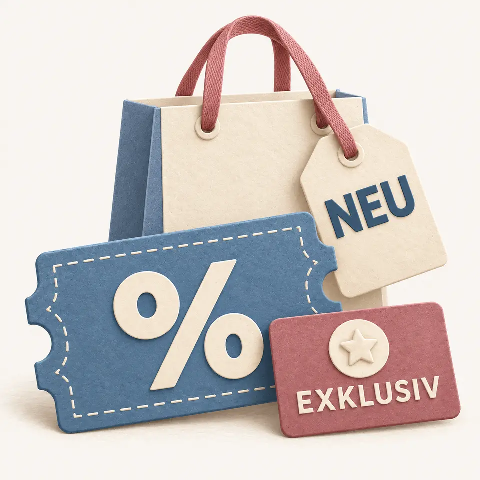 Prozentgutschein, Einkaufstasche, Neuheiten-Anhänger und Karte für exklusive Angebote