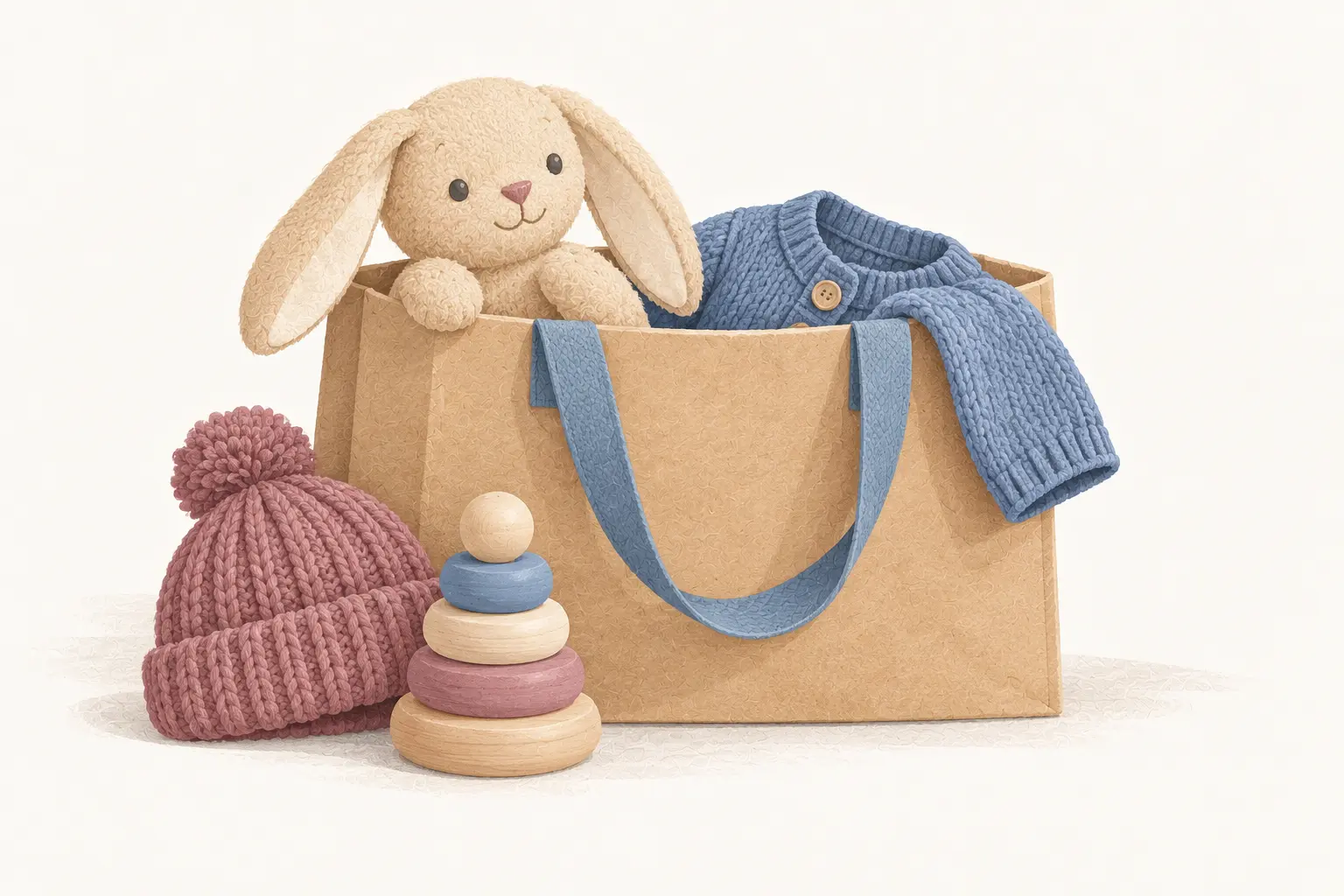 Illustration: Hase, Strickjacke, Mütze und Stapelspiel in einer Einkaufstasche