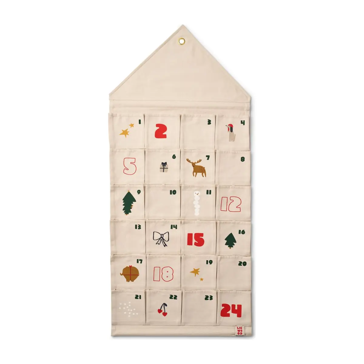 Liewood Adventskalender Babbo in Hausform mit nummerierten Taschen und Weihnachtsmotiven.