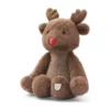 Sitzendes braunes Rentier-Kuscheltier Berto von Liewood mit Geweih, roter Nase und heller Bärenapplikation am Fuß.