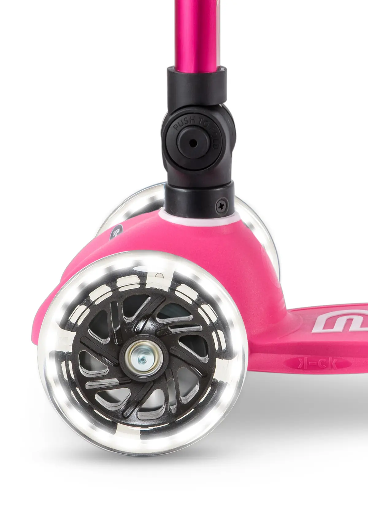 Mini Micro Deluxe Foldable LED Pink: Vorderrad und Faltgelenk im Detail
