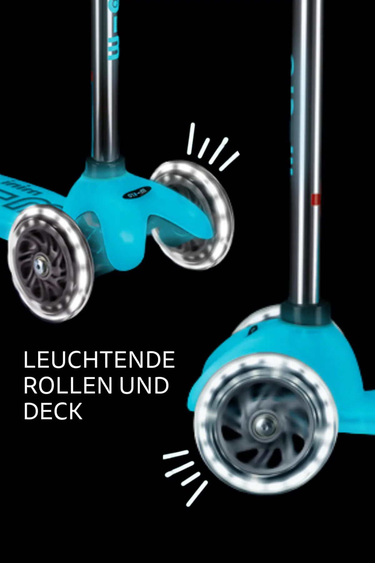 Mini Micro Deluxe Glow LED Glacier Aqua: Leuchtende Rollen und Trittbrett im Detail