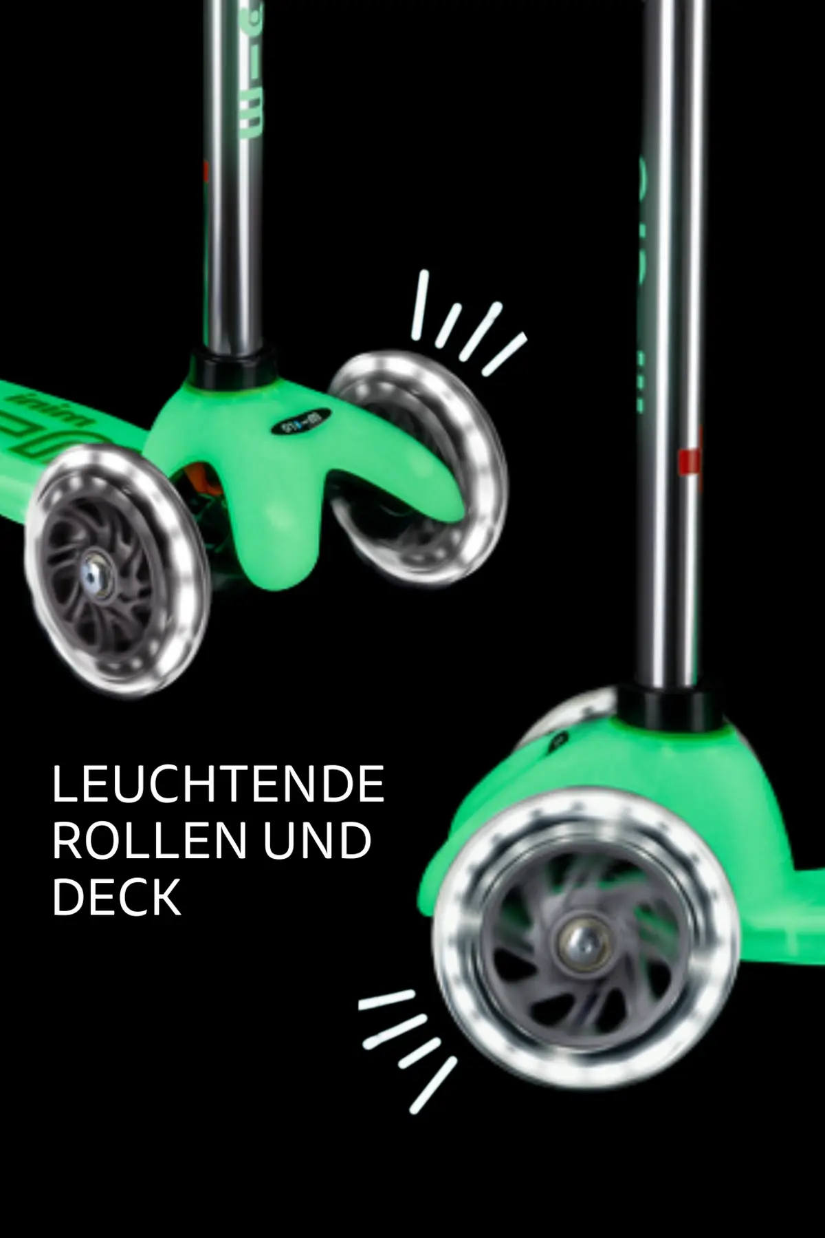Mini Micro Deluxe Glow LED Icy Lime: Leuchtende Rollen und Trittbrett im Detail