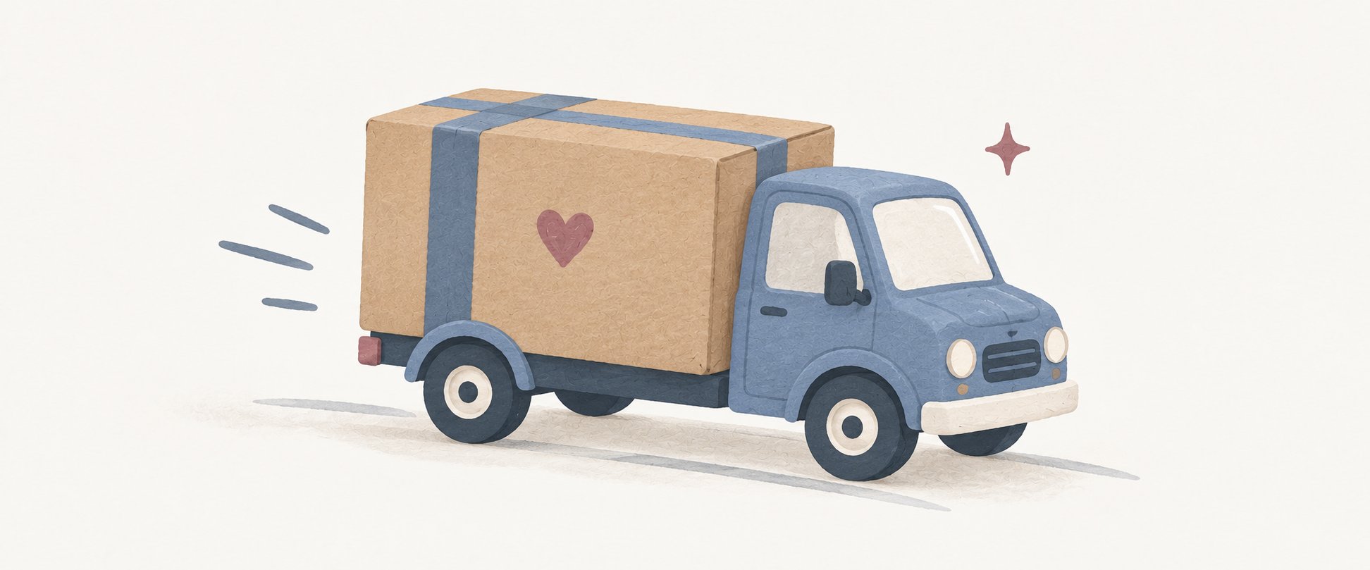 Ein blauer Lieferwagen bringt ein liebevoll verpacktes Paket auf den Weg.